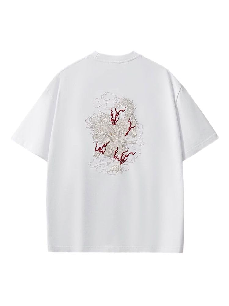 Męski bawełniany t-shirt z okrągłym dekoltem, chiński haft, nacięte ramiona, luźny top na czas wolny