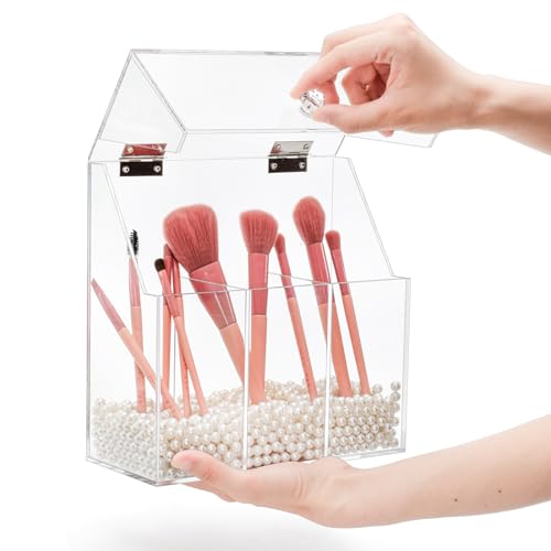 Okllen Soporte para brochas de maquillaje con tapa a prueba de polvo, perlas blancas, organizador de brochas de maquillaje acrílico transparente con 3 compartimentos, caja de almacenamiento grande - imagen 5