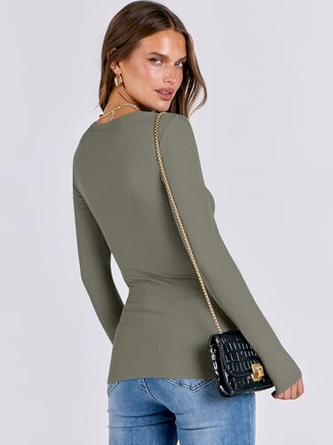 ANRABESS Women Long Sleeve Shirts Rib Knit Slim Fit Tops Basic Tee 2025 Fall Outfits Casual T-Shirt Underscrubs Layer Clothes Army Green Medium - 3