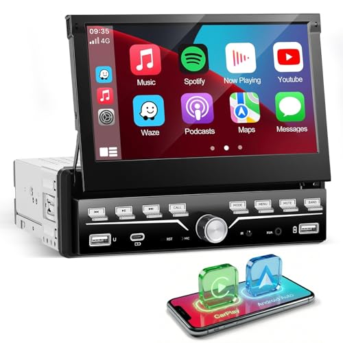 Single Din Car Stereo Apple Carplay and Android Auto 1 Din 7 inch Flip Out Touchscreen Car Radio with Bluetooth and Mic