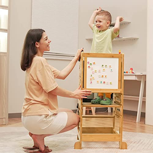 Toetol Kids Kitchen Step Stool With Keeper Bamboo Toddler Child Standing Tower Helper Adjustable Height With Black And White Activity Board #TOP2