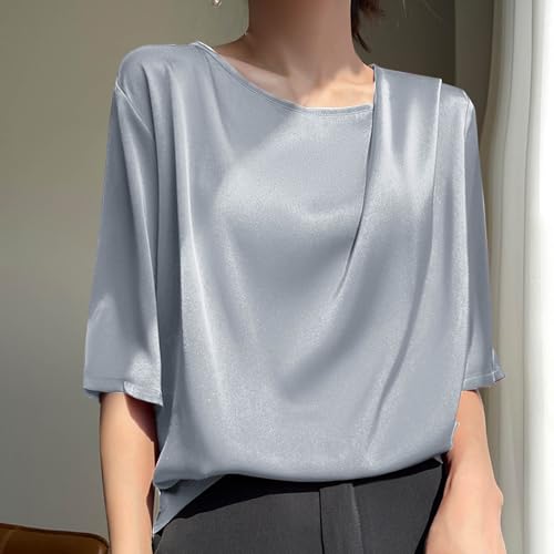 Women's Summer Dressy Casual Short Sleeve Shirts Drop Shoulder Crewneck Silk Satin Business Office Work Blouse Tops2