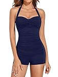 AmzBarley Womens Swimming Costumes 1-Piece Swimwear Tankini Bathing Suit Bikinis Halter Neck High Waist Tummy Control Ruched Boyleg Swimsuit Navy M