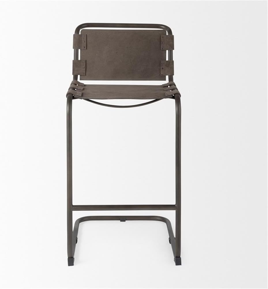 Pemberly Row Bar Stool, 20.5" Lx24.8 Wx43 H, Dark Brown Leather Seat, Gunmetal Gray Iron Frame, Open-Back Design, Sturdy Construction, Modern Style for Home Bar or Contemporary Décor