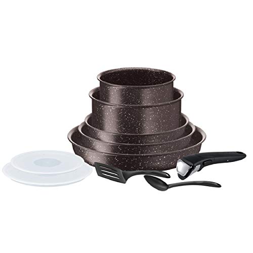 Tefal Ingenio Extrême Effet Pierre Batterie de Cuisine 10 p Antiadhésives, Induction, Poêles, Casseroles, Couvercles Hermétiques, Poignée, Spatules, Bienvenue Marron L6789302, fabriqué en France