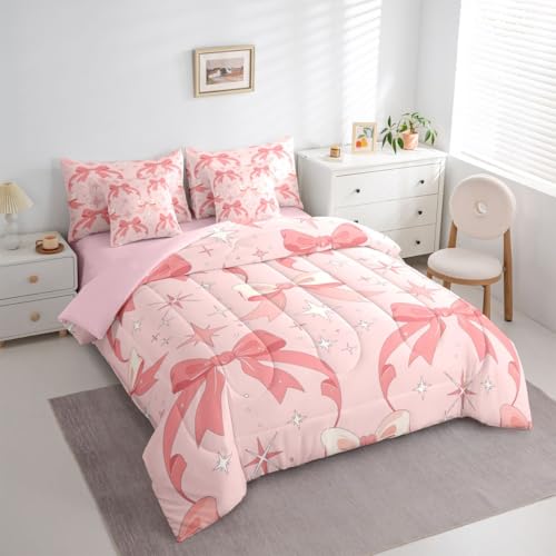 Image of Kawaii Bow Full Size Bed Sheets and Comforter Set | Princess Bow 7 Piece Bedding Set Dreamy Ribbon Bowknot Bed in a Bag, Stars Watercolor Room Decor,Pink Bow Decor