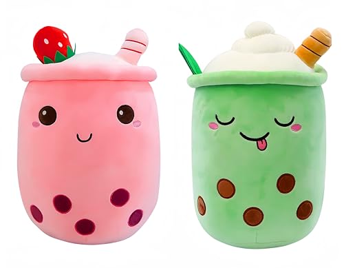 FSRONGXI 2Pcs Cute Plush, Stuffed Bubble Tea Plushie Cute Plushies Pillow Kawaii Mini Ice Cream Cupcake Toys for Kids Girls and Boys (Pink & Green)