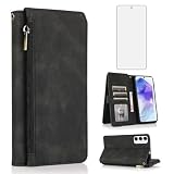 Compatibile con Samsung Galaxy A55 5G Custodia a portafoglio in vetro temperato con protezione dello schermo e cerniera Retro Leather Flip Cover Porta carte Stand Accessori per cellulari per A 55