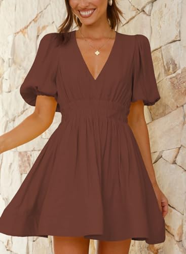 Image of Outfeel Women 2025 Summer Mini Dress Puff Short Sleeve Sexy V Neck A Line Elastic High Waist Flowy Swing Dresses