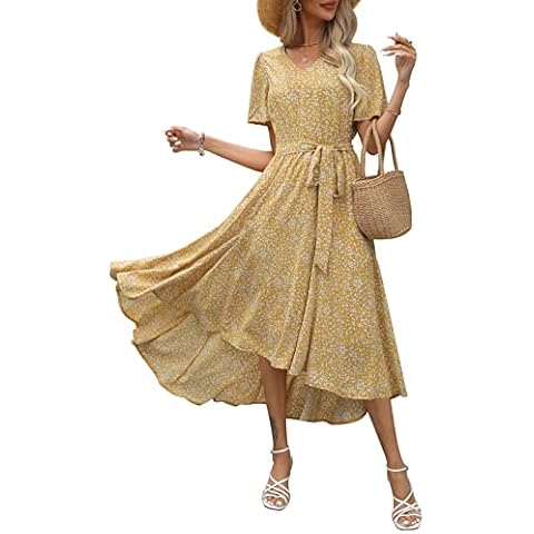 Maggeer 2024 Spring Summer Dress for Women Short Sleeve Cute High Low Flowy Graduation Engagement Bridal Shower Beach Floral Maxi Dress Mustard M Cover