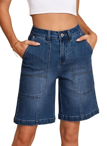 Sidefeel Womens Denim Shorts High Waisted Stretchy Trendy Wide Leg Loose Fit Casual Summer Bermuda Jean Shorts with Pocket Dark Blue Size 4
