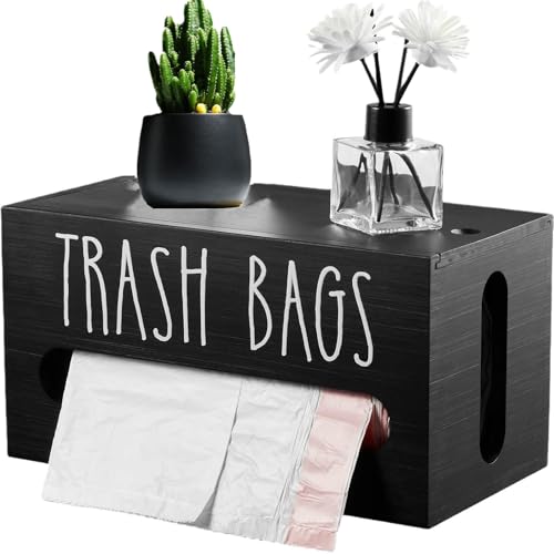 Image of Trash Bag Dispenser, Wall Mount Trash Bag Holder Dispenser with Lid Wooden Kitchen Trash Bag Roll Organizer Plastic Garbage Bag Storage for Cabinet. (Black)