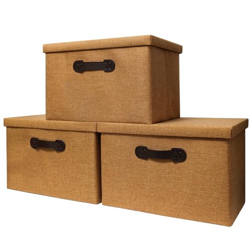 Enzk&Unity Decorative Storage Bins with Lids, Fabric Linen Foldable Storage Box with Handle Home Organizer for Shelf, Closet, Bedroom, Living Room, Office, 3 Packs, Brown