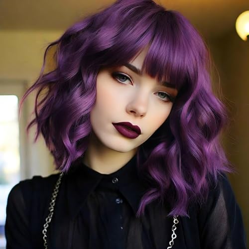 Sarensall Purple Wig for Women Short Wavy Bob Wig With Bangs Heat Resistant Synthetic Wigs for Daily Party Cosplay Costume Wig Use