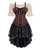 Steampunk Corset Dress Bustier Top Skirt with Tutu 3 Pcs Plus Size Vintage Lace up Gothic Costume Halloween Brown L