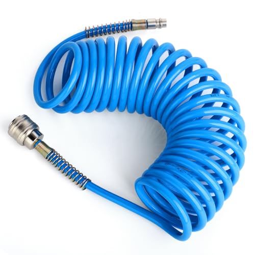 TAILONZ PNEUMATIC 5M PU air Spiral Hose with 8mm Outer Diameter, (with Quick Coupling and Plug Nipple, PU Hose Material)