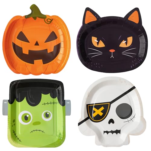 HOMIX Halloween Paper Plates, Disposable Dinner Plates 48 Count Shaped in Pumpkin Skeleton Cat and Frankenstein for Halloween Party Supplies