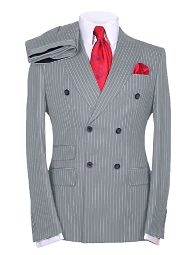 Men's Suits Slim Fit 2 Pieces Double Breasted Pinstripe Prom Tuxedos Business Blazer+Pants Working Jacket4