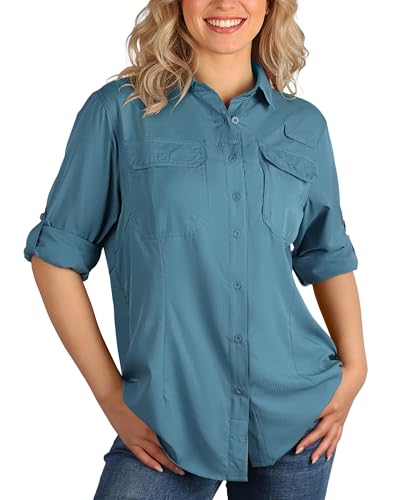 33,000ft Hemdbluse Damen UPF50 UV Schutz Hemd Schnelltrocknende Button-Down Shirts Atmungsaktive Wanderhemd Safari Kleidung für Freizeit Angeln Reisen Blau L