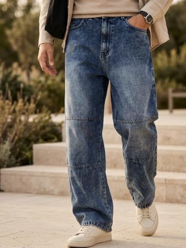 Image of Urbano Fashion Men's Loose Baggy Fit Cut and Sew Panelled Jeans Non-Stretchable