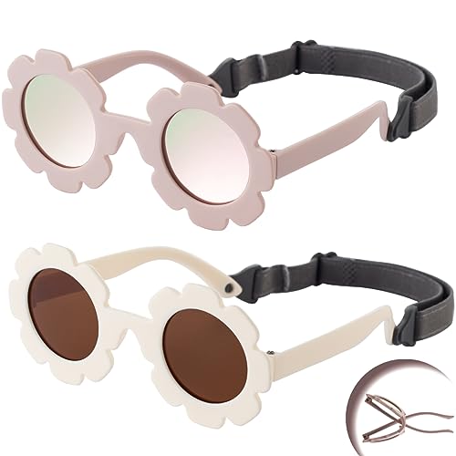 2 Pieces Flexible Round Flower Polarized Baby Sunglasses with Adjustable Strap for Infant Girls Boys Age 0-24 Months