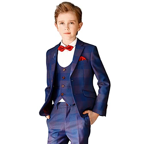 Elpa Elpa 7-Piece Plaid Boys Suits Slim Fit Little Kids And Big Youth Boy Suit Set, Blue Plaid(Wine Red Bowtie + Black Tie) Size 8 #TOP16