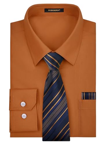 Image of HISDERN Mens Dress Shirt with Tie Pocket Square Set Classic Button Down Shirt Matching Tie Long Sleeve Shirts