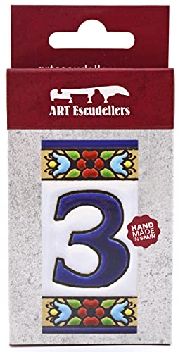 Hausnummer. Schilder mit Zahlen und Nummern auf Keramikkachel. Handgemalte Kordeltechnik fuer Schilder mit Namen, Adressen und Wegweisern. Design FLORES MINI 7,3 cm x 3,5 cm (Nummer DREI 3).