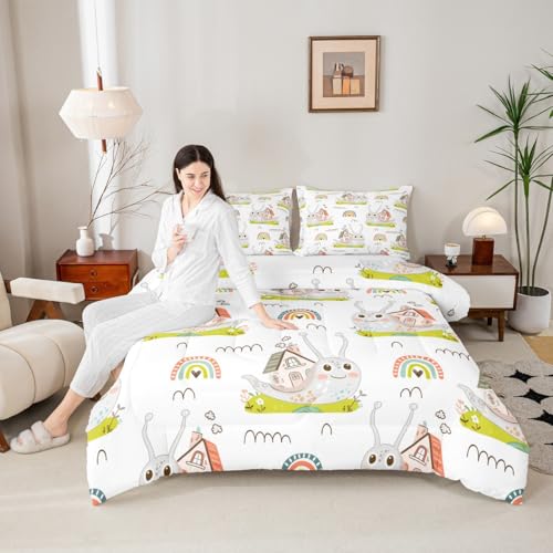Homewish Cute Snail Bedding Set Queen Size Cartoon Rainbow Comforter Set 3Pcs for Kids Girls Boys Teens Room Decor,Nature Spring Animals Quilt Set Pink Green Stripes Duvet Insert,2 Pillowcases