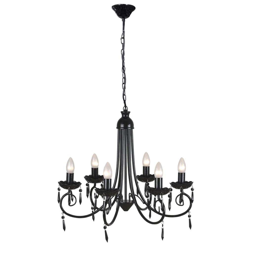 Lustre suspension noir 6 douilles E14 en métal et cristal acrylique pour plafond