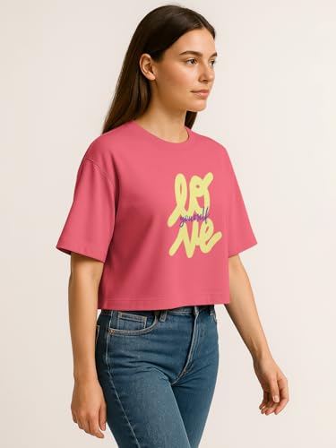 Image of HELLCAT Beige Printed Loose Fit Crew-Neck Crop T-Shirt for Women