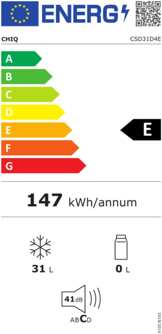 Energy label for CHiQ CSD31D4E showing Class E and 147 kWh/annum