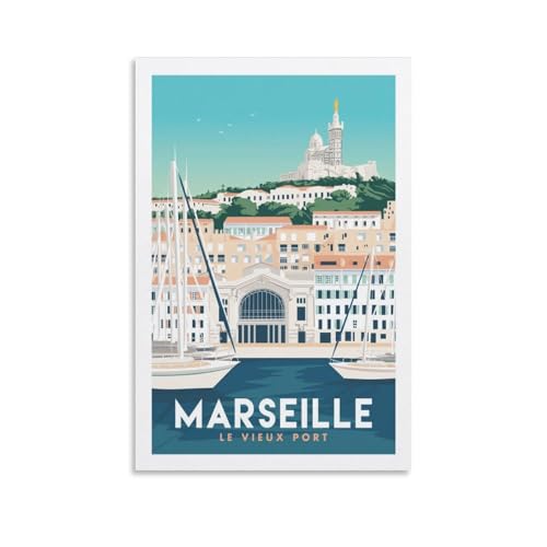 YQCQCS Poster vintage de voyage en France Vieux Port de Marseille sur toile Décoration murale Affiches décoratives