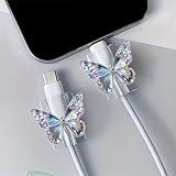 2 Pack Type C 2D Flat Iridescent Diamond Butterfly Pattern Data Cable Protectors, Plastic Made, Anti-Break Cover for Charging Cables