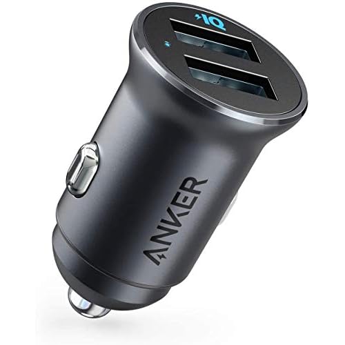 Anker 320 Car Charger (24W II), Mini Aluminum Alloy Dual USB with Blue LED for iPhone15 14 13 12 Series, iPad Pro/Air 2/Mini, Galaxy and More – Not Compatible with Quick Charge