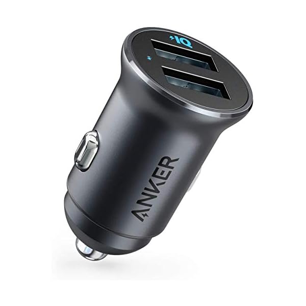 Anker 320 Car Charger (24W II), Mini Aluminum Alloy Dual USB with Blue LED for iPhone15 14 13 12 Series, iPad Pro/Air 2/Mini, Galaxy and More – Not Compatible with Quick Charge