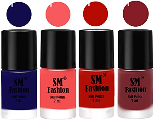 Image of Nail Polish Combo Set (Pack of 4) Quick Dry Gel Finish Nail Paint | Dark Blue,Light Pink,Red Orange,Plum | 7 ml Each