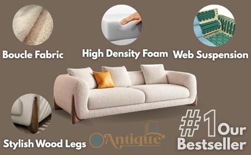 Image of Modern Off-White Boucle Upholstered Sofa Set with Stylish Wooden Legs Sofa for Living Room, Bedroom, Hallways (3+1+1+ Ottoman)