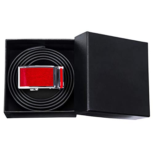 YOHOWA Mens Gold Buckle Belt, Cowhide Belt Automatic Ratchet Buckle Black Holeless for Jeans/Suit Gift Box