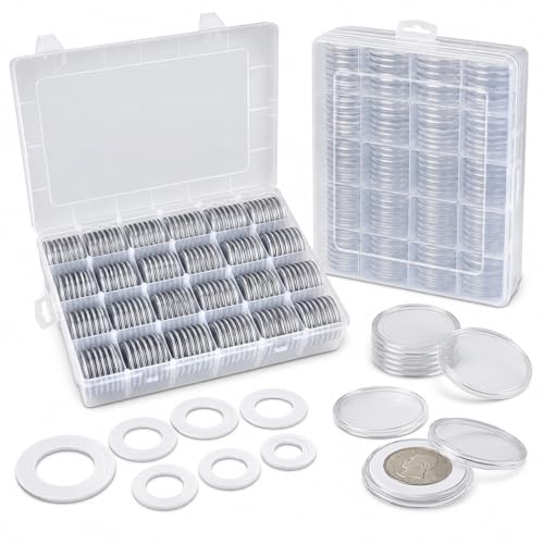 Image of FULLCASE Coin Capsules for Collectors, 168-Piece Storage Case,Fits 20-46mm | 6-Size Foam Gaskets,for Silver Dollars Eagles&Foreign Coins,Airtight Coin Storage Box,Organizer Collecting Supplies White