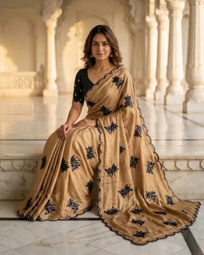 Image of Handcrafted Floral Embroidered Saree with Contrast Blouse