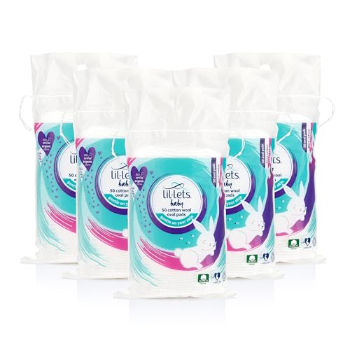 Lil-Lets Baby Cotton Wool Oval Pads x 250 (5 Packs of 50 Ovals) Certified Organic 100% Pure Cotton Wool Soft and Absorbent Gentle on Babys Delicate Skin.