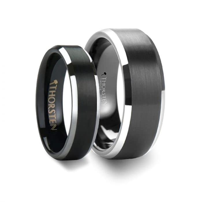 Roy Rose Jewelry Black Brushed Center Tungsten Polished Beveled Edges Unique Matching Couple Wedding Ring Set 4mm & 8mm Wide Style Name: ASTON (Set of Two Rings)