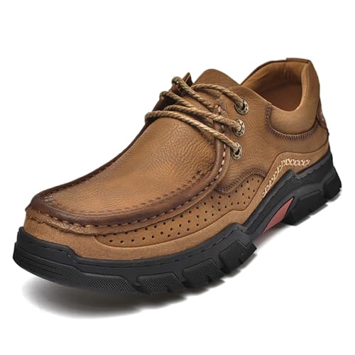 Men's Thick Bottom Leather Loafer,Hand Stitching Comfort Non-Slip Casual Walking Sneakers,Hiking Driving Outdoor Work Office Dress Shoes