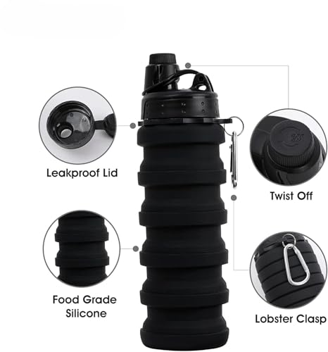 Image of Kiditos Collapsible Expandable Silicone Sipper Water Bottle for Kids | Ideal for Sports, Trekking, Cycling, Gym & School Water With Snap Hook, Grey (1 Unit)