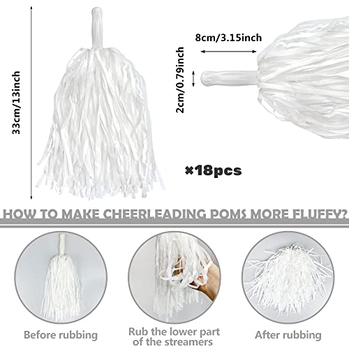 KDPATFAV 18PCS Cheerleading Pom Poms Plastic Pom Poms with Baton Handle for Game Sports Squads Dancing Party Football Basketball Club Spirit Sports Stage Performance Celebration (PET White)