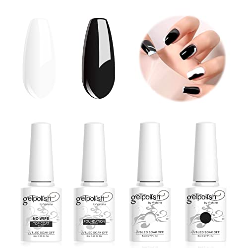 Vishine Lot de 4 Base Top Coat Kit Avec Vernis à Ongles Gel Semi Permanent Couleurs Blanc Noir Soak Off UV LED Gel Nail Polish Nail Art Cadeau Noël