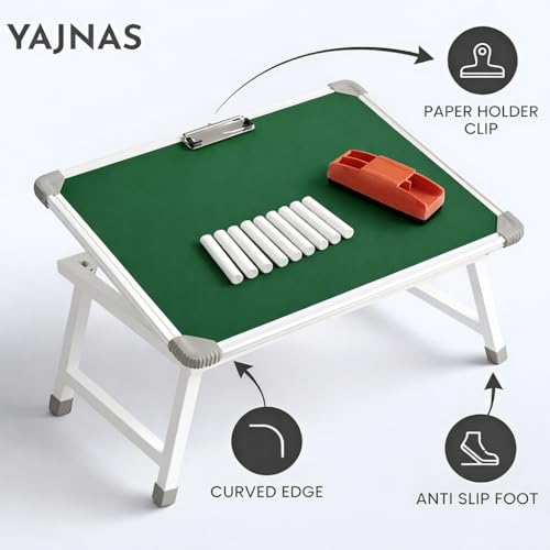 Image of YAJNAS Multipurpose Portable Green Chalkboard Study Laptop Table (15x26 Inch) | Height Adjustable Foldable Lap Desk & Bed Table for Kids, Home, Office, Online Classes & Learning | with Chalk & Duster