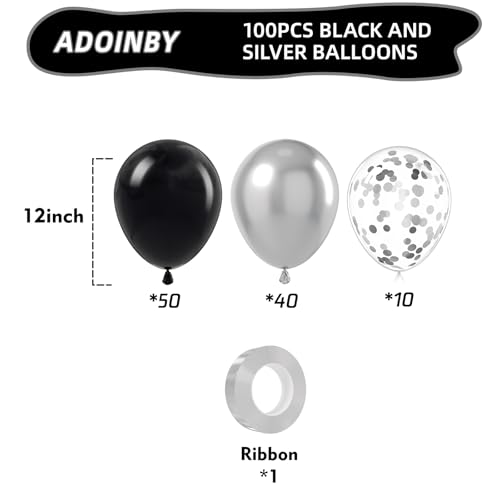 Image of Black and Silver Balloons, 100Pcs 12inch Black and Metallic Silver Balloons Party Decorations with Confetti Balloon for Birthday Graduation New Years Wedding Engagement Prom Party Decorations