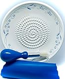 BonCera, All-in-one Premium Ceramic Garlic Grater Plate 4-Piece Set - Classic Flower Line on White Design - For Garlic, Ginger, Chocolate, and more! - Comes with 5.25" Plate, Peeler, Brush, and Stand